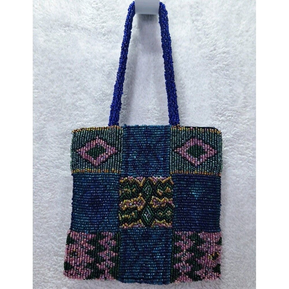 Christian Livingston Beaded Patchwork Purse Clutch Handmade Blue Patchwork Vtg